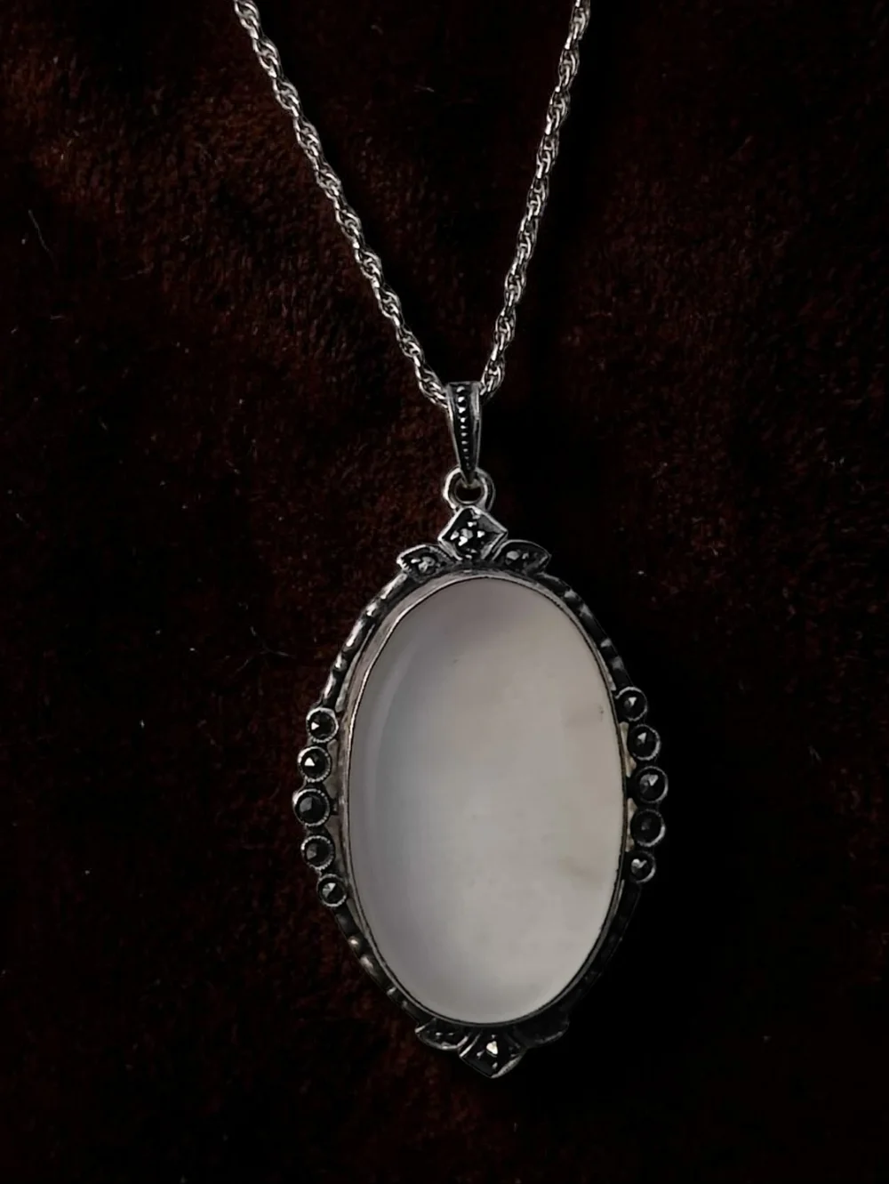 Vintage Sterling Art Deco Camphor Glass And Marcasite Pendant Necklace